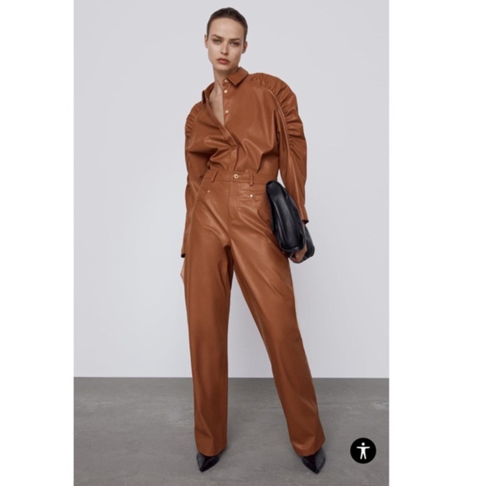 Zara Faux Leather Wide Leg Pants in Whisky